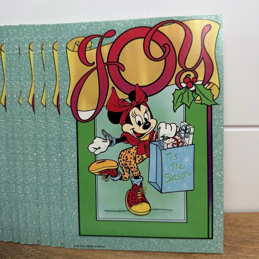 VTG Minnie Mouse Disney Christmas Greeting Cards + Envelopes Joy Shopping Bag 12